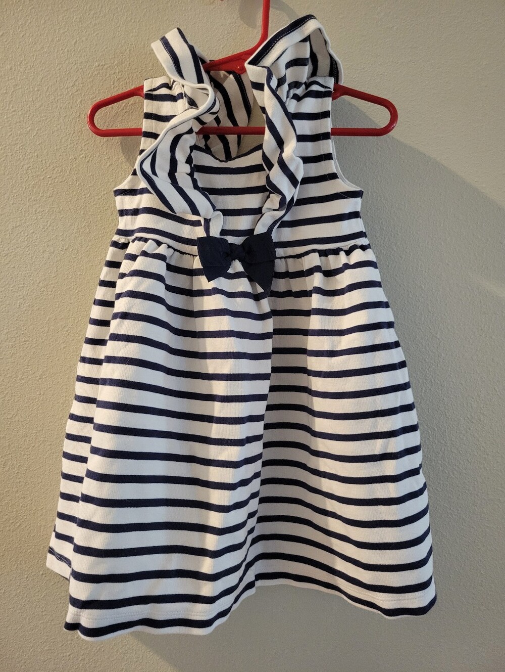 Janie And Jack Size 3 Navy & White Striped Ruffle Neck Kids Dress with Bow